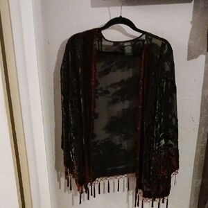 Dressbarn Black and Gold Kimono with Fringe